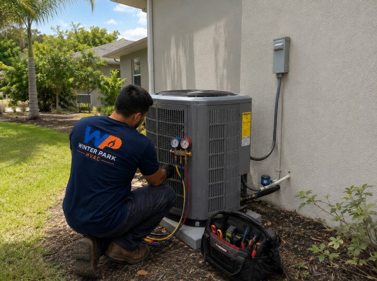 Winter Park HVAC technician servicing an outdoor AC unit